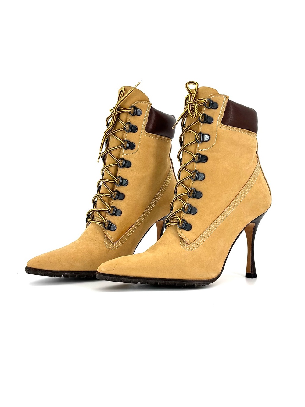 Manolo Blahnik 2002 Oklamod Timberland Lace Up Pointed Toe Ankle Boots 35.5